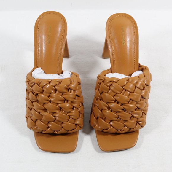 PrettyLittleThing Basket Weave Square Toe High Flat Block Heel Mules - Tan 6US - Picture 3 of 6